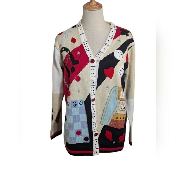 Storybook Knits Red and Black Bingo Gambling Cardigan Grandma Sweater - Picture 1 of 9